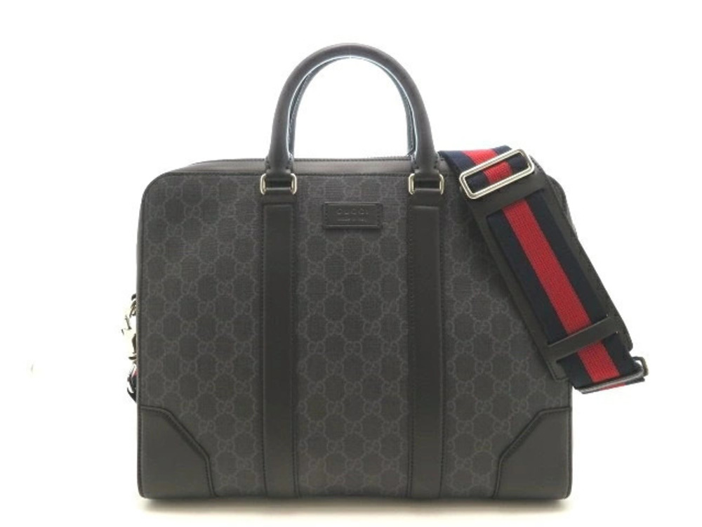 Gucci GG Supreme Briefcase Business Bag Canvas Calfskin Black Red